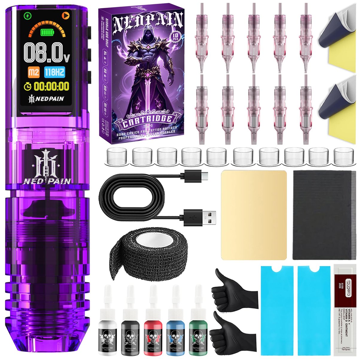 NEDPAIN Einstellbares Kabelloses Tattoo-Maschinen-Set mit 1,47 Zoll Bildschirm, 1600mAh, 10V/10000 U/min, Speicherfunktion, Komplettes Kabelloses Tattoo-Geräte-Kit, Professionelle Tattoo-Ausrüstung für Anfänger und Künstler
