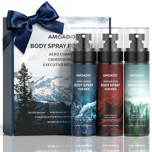 AMOADO Herren Body Spray Set – Deodorierender Körperduft, erfrischendes Spray, aluminiumfrei, orientalische & holzige Düfte, je 100 ml
