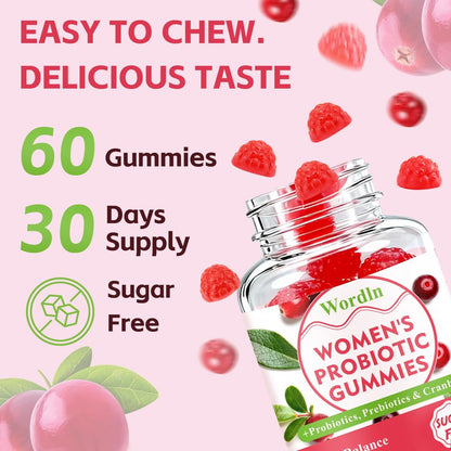 Wordln Probiotische Gummis für Frauen – Unterstützt pH-Gleichgewicht, Vaginalgesundheit, Geruchskontrolle & Hefegleichgewicht, Zuckerfreier Cranberry-Geschmack, 60 Stück (1er-Pack)