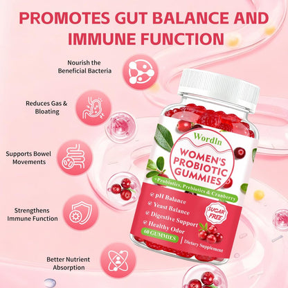 Wordln Probiotische Gummis für Frauen – Unterstützt pH-Gleichgewicht, Vaginalgesundheit, Geruchskontrolle & Hefegleichgewicht, Zuckerfreier Cranberry-Geschmack, 60 Stück (1er-Pack)
