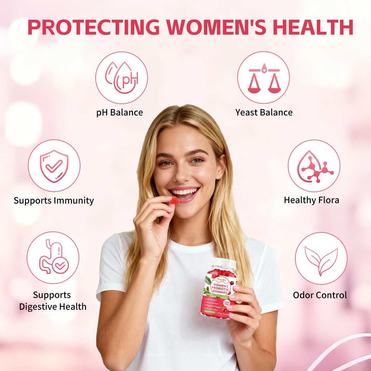 Wordln Probiotische Gummis für Frauen – Unterstützt pH-Gleichgewicht, Vaginalgesundheit, Geruchskontrolle & Hefegleichgewicht, Zuckerfreier Cranberry-Geschmack, 60 Stück (1er-Pack)