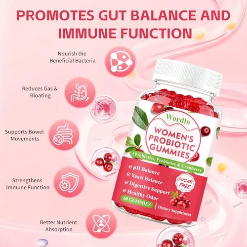 Wordln Probiotische Gummis für Frauen – Unterstützt pH-Gleichgewicht, Vaginalgesundheit, Geruchskontrolle & Hefegleichgewicht, Zuckerfreier Cranberry-Geschmack, 60 Stück (1er-Pack)