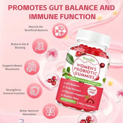 Wordln Probiotische Gummis für Frauen – Unterstützt pH-Gleichgewicht, Vaginalgesundheit, Geruchskontrolle & Hefegleichgewicht, Zuckerfreier Cranberry-Geschmack, 60 Stück (1er-Pack)