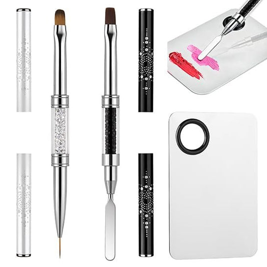 GEMSANVA Doppelend-Nagelmodellierpinsel-Set mit Palette – French-Tip-Pinsel für Hard Gel, Flach-/Ovale Pinsel, Liner-Pinsel & Spatel, Nageldesign-Werkzeuge für Salon & DIY (3-teilig)