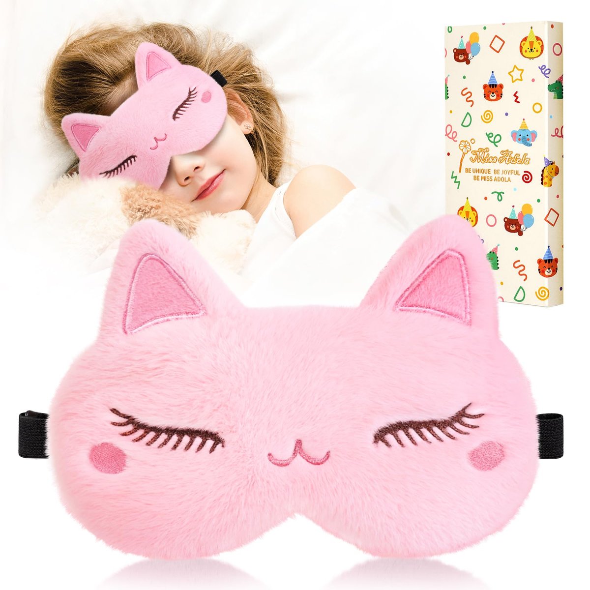 Miss Adola Schlafmaske für Kinder - Valentinstag Geschenk für Kinder, Kuschelige Plüsch Schlafbrille, Kawaii Katze Augenmaske mit verstellbarem Band für Mädchen Jungen Teenager