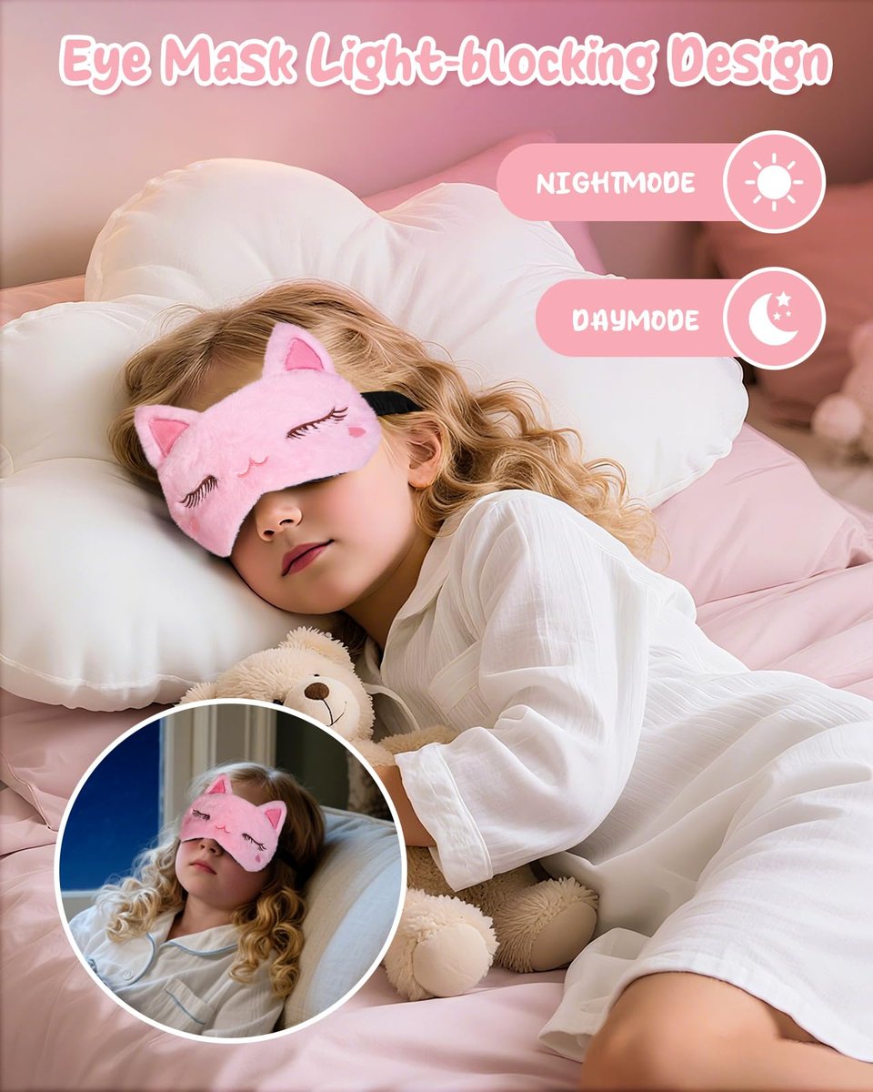 Miss Adola Schlafmaske für Kinder - Valentinstag Geschenk für Kinder, Kuschelige Plüsch Schlafbrille, Kawaii Katze Augenmaske mit verstellbarem Band für Mädchen Jungen Teenager