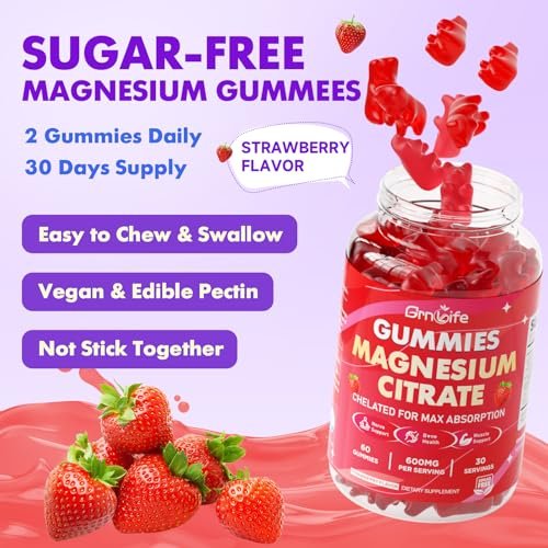 Magnesiumcitrat Gummibärchen 600mg für Frauen und Männer – Hochabsorbierendes Magnesium Supplement für Ruhe, Entspannung, Muskelgesundheit – Vegan, Erdbeergeschmack, 60 Stück