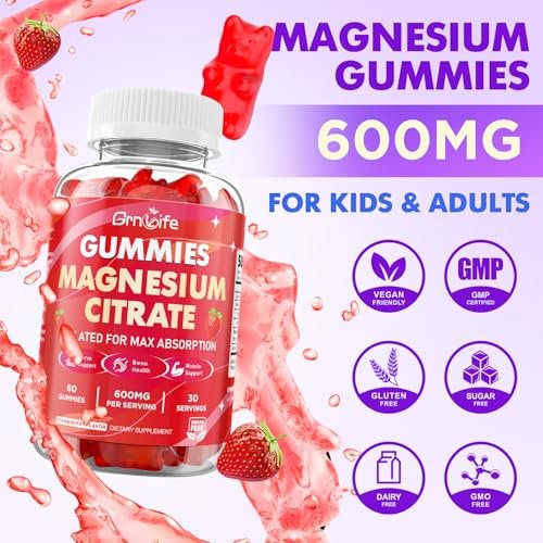 Magnesiumcitrat Gummibärchen 600mg für Frauen und Männer – Hochabsorbierendes Magnesium Supplement für Ruhe, Entspannung, Muskelgesundheit – Vegan, Erdbeergeschmack, 60 Stück