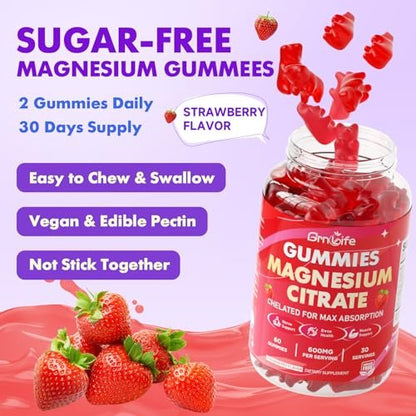 2er-Pack Magnesiumcitrat-Gummis 600mg für Frauen und Männer – Hoch bioverfügbares Magnesiumpräparat für Ruhe, Entspannung und Muskelgesundheit – Vegan, Erdbeergeschmack, 120 Stück