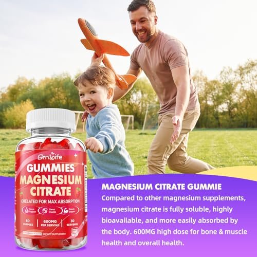 Magnesiumcitrat Gummibärchen 600mg für Frauen und Männer – Hochabsorbierendes Magnesium Supplement für Ruhe, Entspannung, Muskelgesundheit – Vegan, Erdbeergeschmack, 60 Stück