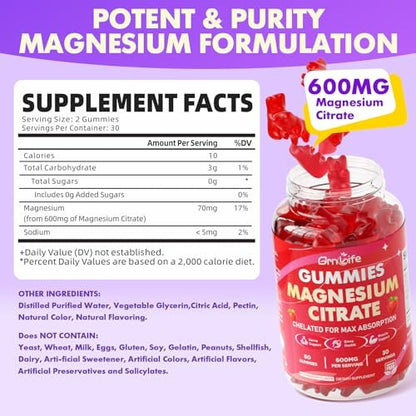 Magnesiumcitrat Gummibärchen 600mg für Frauen und Männer – Hochabsorbierendes Magnesium Supplement für Ruhe, Entspannung, Muskelgesundheit – Vegan, Erdbeergeschmack, 60 Stück