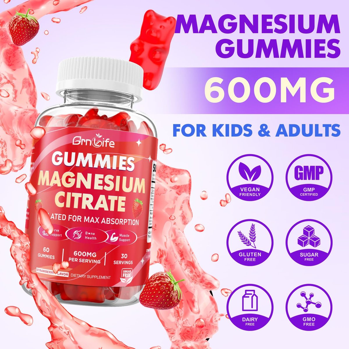 Magnesiumcitrat Gummibärchen 600mg für Frauen und Männer – Hochabsorbierendes Magnesium Supplement für Ruhe, Entspannung, Muskelgesundheit – Vegan, Erdbeergeschmack, 60 Stück