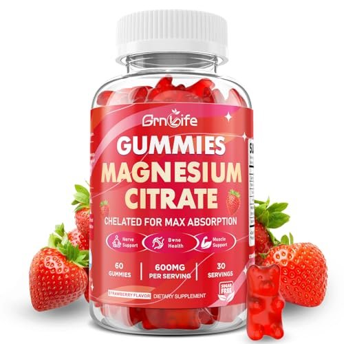 Magnesiumcitrat Gummibärchen 600mg für Frauen und Männer – Hochabsorbierendes Magnesium Supplement für Ruhe, Entspannung, Muskelgesundheit – Vegan, Erdbeergeschmack, 60 Stück