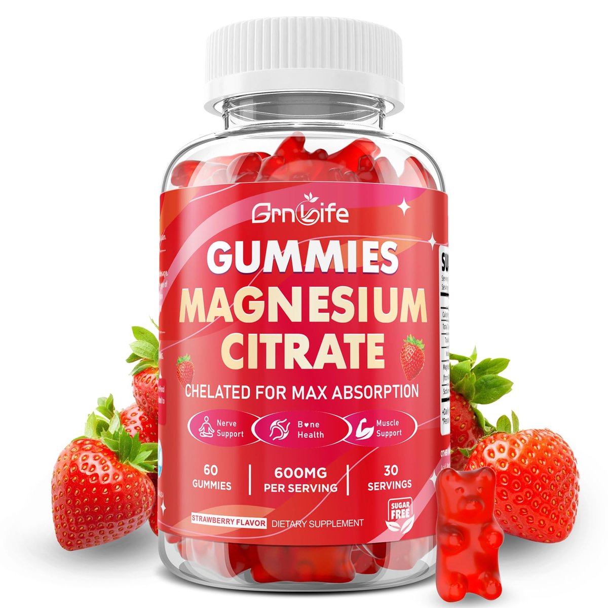 Magnesiumcitrat Gummibärchen 600mg für Frauen und Männer – Hochabsorbierendes Magnesium Supplement für Ruhe, Entspannung, Muskelgesundheit – Vegan, Erdbeergeschmack, 60 Stück