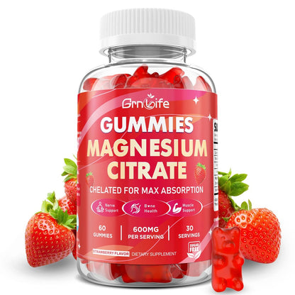 Magnesiumcitrat Gummibärchen 600mg für Frauen und Männer – Hochabsorbierendes Magnesium Supplement für Ruhe, Entspannung, Muskelgesundheit – Vegan, Erdbeergeschmack, 60 Stück