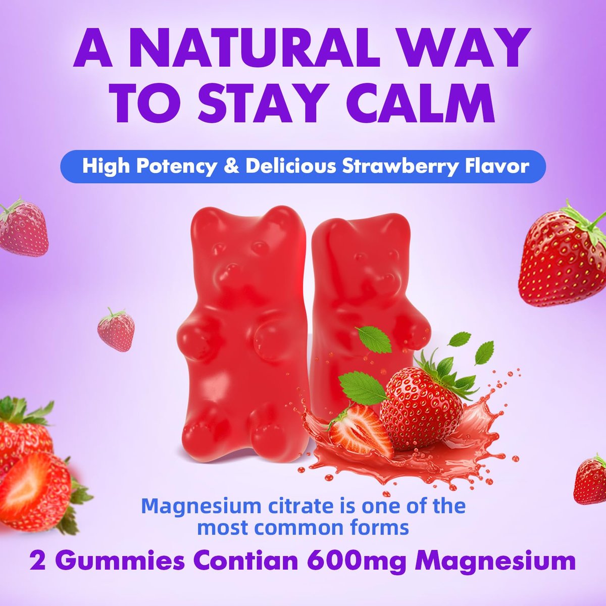 Magnesiumcitrat Gummibärchen 600mg für Frauen und Männer – Hochabsorbierendes Magnesium Supplement für Ruhe, Entspannung, Muskelgesundheit – Vegan, Erdbeergeschmack, 60 Stück