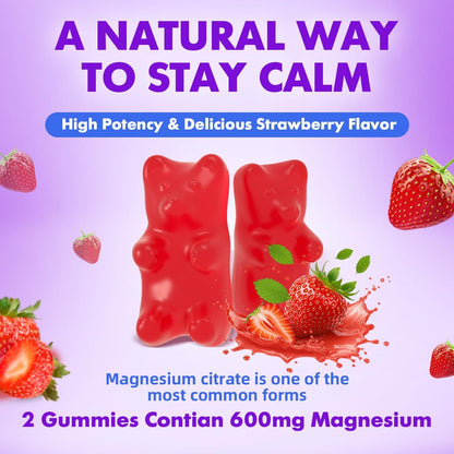 Magnesiumcitrat Gummibärchen 600mg für Frauen und Männer – Hochabsorbierendes Magnesium Supplement für Ruhe, Entspannung, Muskelgesundheit – Vegan, Erdbeergeschmack, 60 Stück