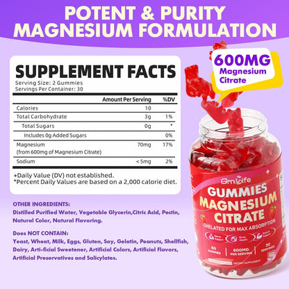 Magnesiumcitrat Gummibärchen 600mg für Frauen und Männer – Hochabsorbierendes Magnesium Supplement für Ruhe, Entspannung, Muskelgesundheit – Vegan, Erdbeergeschmack, 60 Stück