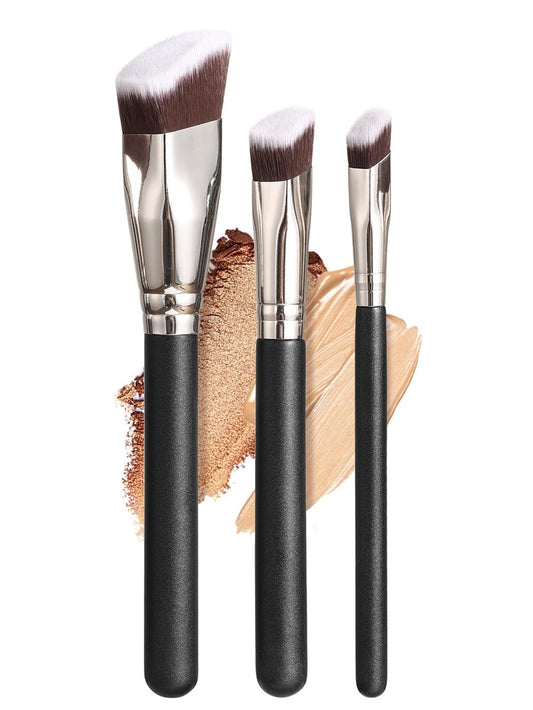 KINGMAS Make-up Pinselset, 3-teiliges abgewinkeltes Foundation-Pinselset, synthetische Borsten mit schwarzem Griff für Concealer, Contouring, Bronzer, Puder, Flüssig- und Cremeblending