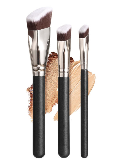 KINGMAS Make-up Pinselset, 3-teiliges abgewinkeltes Foundation-Pinselset, synthetische Borsten mit schwarzem Griff für Concealer, Contouring, Bronzer, Puder, Flüssig- und Cremeblending