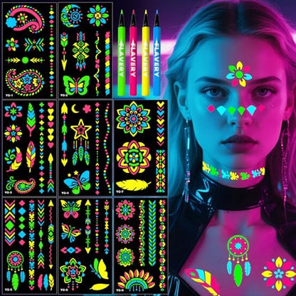 Glow-in-the-Dark Temporäre Tattoo Marker für Gesichtsbemalung, 4er-Pack UV Neon Körpermarker + 8 Blatt Temporäre Tattoo-Schablonen für Erwachsene, flexibler Pinsel, Kosmetik-Tattoo-Stift, DIY Body Art Set