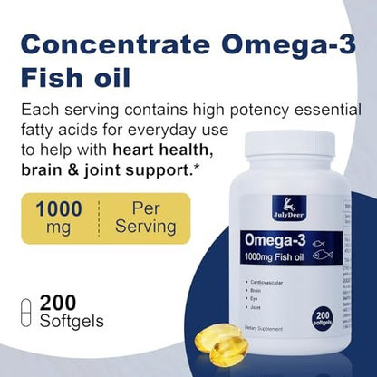 JulyDeer Fischöl Omega 3 Konzentrat 1000 mg – Reich an EPA und DHA, Unterstützt Herz-, Gelenk-, Gehirn- und Augengesundheit, Fördert das allgemeine Wohlbefinden, Stärkt das Immunsystem, Nicht-GMO | 200 Weichkapseln