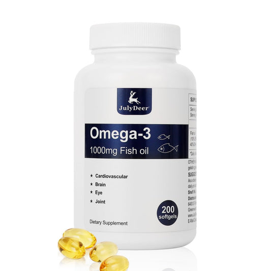 JulyDeer Fischöl Omega 3 Konzentrat 1000 mg – Reich an EPA und DHA, Unterstützt Herz-, Gelenk-, Gehirn- und Augengesundheit, Fördert das allgemeine Wohlbefinden, Stärkt das Immunsystem, Nicht-GMO | 200 Weichkapseln