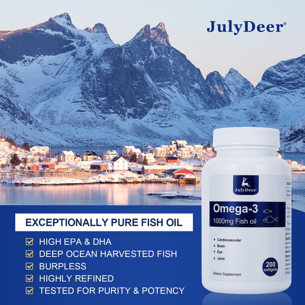 JulyDeer Fischöl Omega 3 Konzentrat 1000 mg – Reich an EPA und DHA, Unterstützt Herz-, Gelenk-, Gehirn- und Augengesundheit, Fördert das allgemeine Wohlbefinden, Stärkt das Immunsystem, Nicht-GMO | 200 Weichkapseln