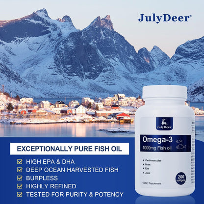 JulyDeer Fischöl Omega 3 Konzentrat 1000 mg – Reich an EPA und DHA, Unterstützt Herz-, Gelenk-, Gehirn- und Augengesundheit, Fördert das allgemeine Wohlbefinden, Stärkt das Immunsystem, Nicht-GMO | 200 Weichkapseln