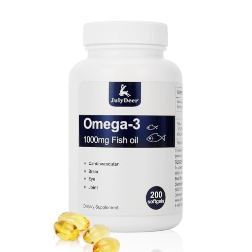 JulyDeer Fischöl Omega 3 Konzentrat 1000 mg – Reich an EPA und DHA, Unterstützt Herz-, Gelenk-, Gehirn- und Augengesundheit, Fördert das allgemeine Wohlbefinden, Stärkt das Immunsystem, Nicht-GMO | 200 Weichkapseln