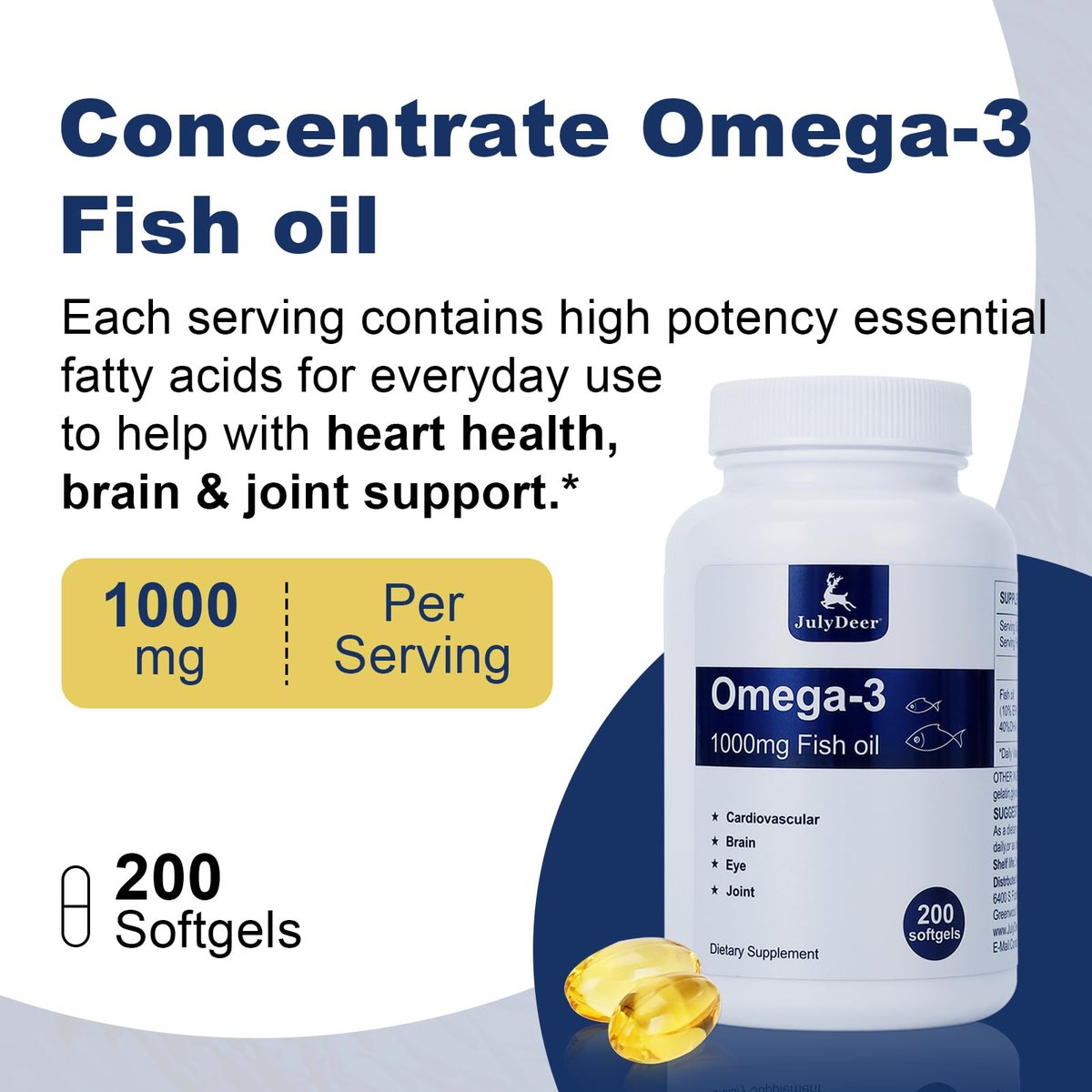 JulyDeer Fischöl Omega 3 Konzentrat 1000 mg – Reich an EPA und DHA, Unterstützt Herz-, Gelenk-, Gehirn- und Augengesundheit, Fördert das allgemeine Wohlbefinden, Stärkt das Immunsystem, Nicht-GMO | 200 Weichkapseln