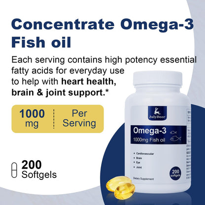 JulyDeer Fischöl Omega 3 Konzentrat 1000 mg – Reich an EPA und DHA, Unterstützt Herz-, Gelenk-, Gehirn- und Augengesundheit, Fördert das allgemeine Wohlbefinden, Stärkt das Immunsystem, Nicht-GMO | 200 Weichkapseln