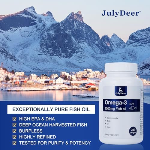 JulyDeer Fischöl Omega 3 Konzentrat 1000 mg – Reich an EPA und DHA, Unterstützt Herz-, Gelenk-, Gehirn- und Augengesundheit, Fördert das allgemeine Wohlbefinden, Stärkt das Immunsystem, Nicht-GMO | 200 Weichkapseln