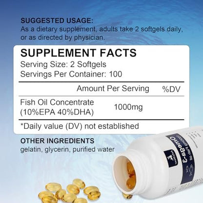 JulyDeer Fischöl Omega 3 Konzentrat 1000 mg – Reich an EPA und DHA, Unterstützt Herz-, Gelenk-, Gehirn- und Augengesundheit, Fördert das allgemeine Wohlbefinden, Stärkt das Immunsystem, Nicht-GMO | 200 Weichkapseln