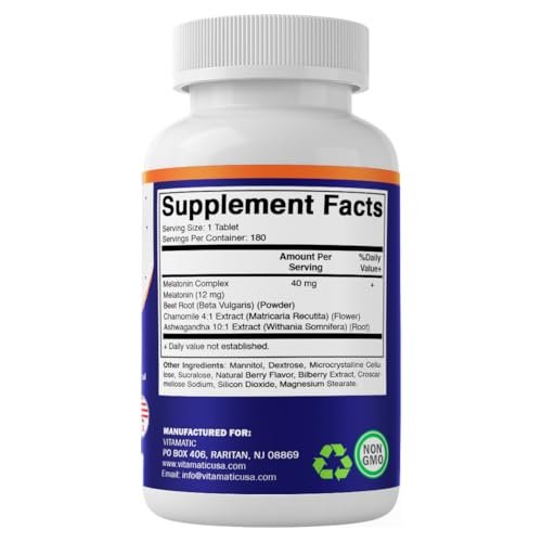Vitamatic Fast Dissolve Melatonin Complex 40 mg – Natürlicher Beerengeschmack – 180 Tabletten | Mit Rote-Bete-Wurzel, Kamille & Ashwagandha-Extrakt | Nicht-GVO, Hergestellt in den USA