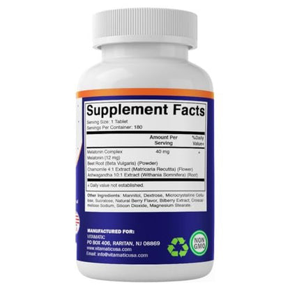 Vitamatic Fast Dissolve Melatonin Complex 40 mg – Natürlicher Beerengeschmack – 180 Tabletten | Mit Rote-Bete-Wurzel, Kamille & Ashwagandha-Extrakt | Nicht-GVO, Hergestellt in den USA