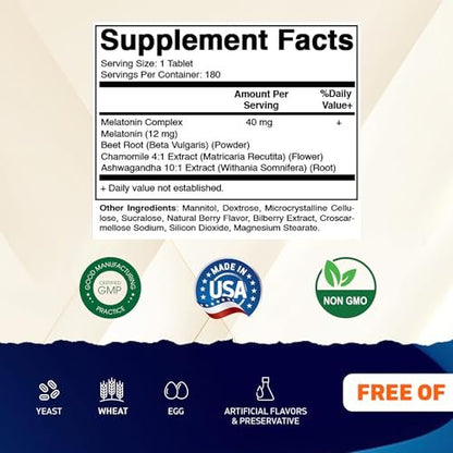 Vitamatic Fast Dissolve Melatonin Complex 40 mg – Natürlicher Beerengeschmack – 180 Tabletten | Mit Rote-Bete-Wurzel, Kamille & Ashwagandha-Extrakt | Nicht-GVO, Hergestellt in den USA