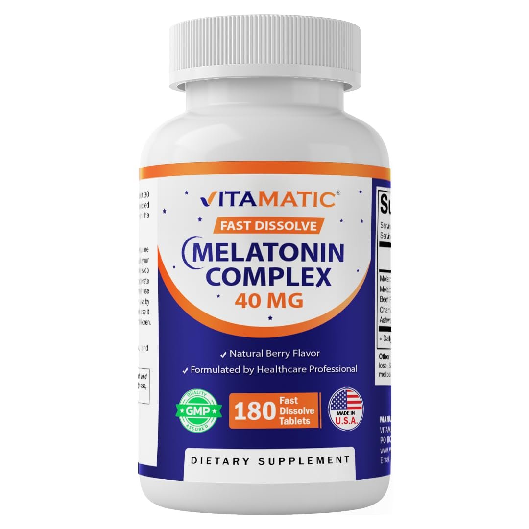 Vitamatic Fast Dissolve Melatonin Complex 40 mg – Natürlicher Beerengeschmack – 180 Tabletten | Mit Rote-Bete-Wurzel, Kamille & Ashwagandha-Extrakt | Nicht-GVO, Hergestellt in den USA