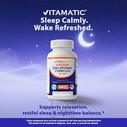 Vitamatic Fast Dissolve Melatonin Complex 40 mg – Natürlicher Beerengeschmack – 180 Tabletten | Mit Rote-Bete-Wurzel, Kamille & Ashwagandha-Extrakt | Nicht-GVO, Hergestellt in den USA