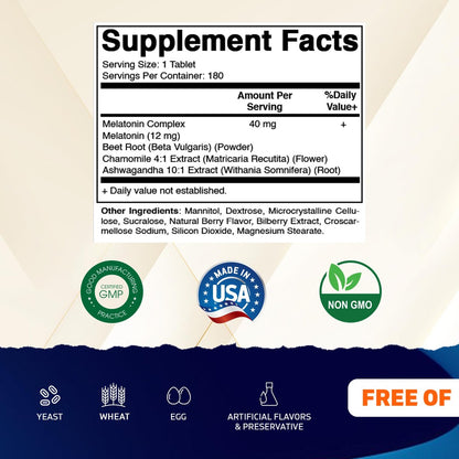 Vitamatic Fast Dissolve Melatonin Complex 40 mg – Natürlicher Beerengeschmack – 180 Tabletten | Mit Rote-Bete-Wurzel, Kamille & Ashwagandha-Extrakt | Nicht-GVO, Hergestellt in den USA
