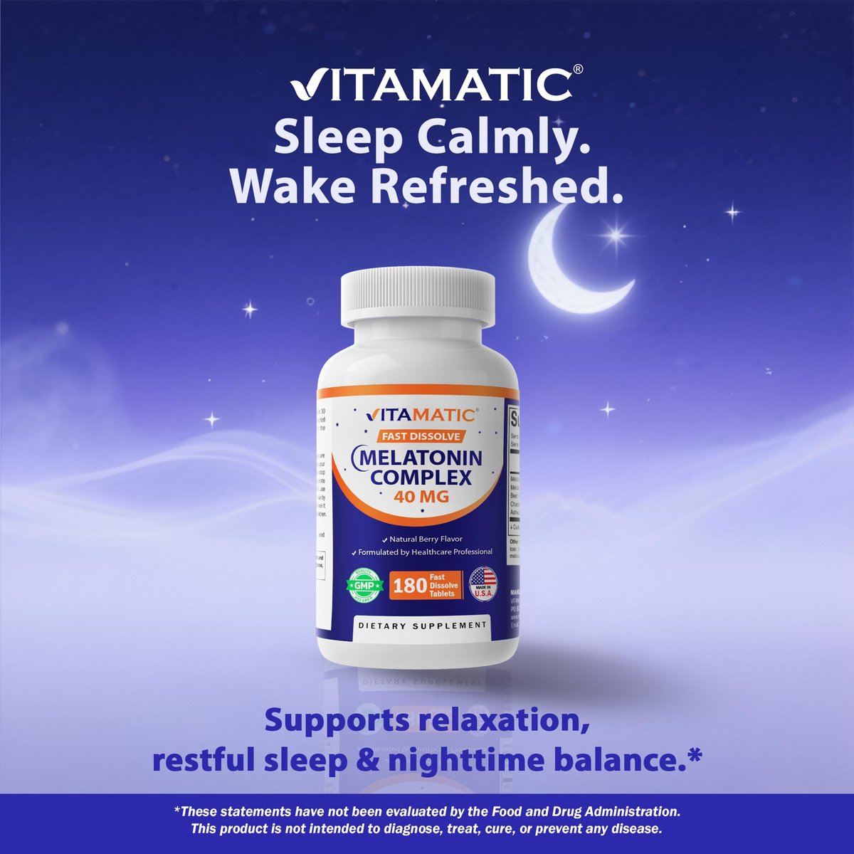 Vitamatic Fast Dissolve Melatonin Complex 40 mg – Natürlicher Beerengeschmack – 180 Tabletten | Mit Rote-Bete-Wurzel, Kamille & Ashwagandha-Extrakt | Nicht-GVO, Hergestellt in den USA