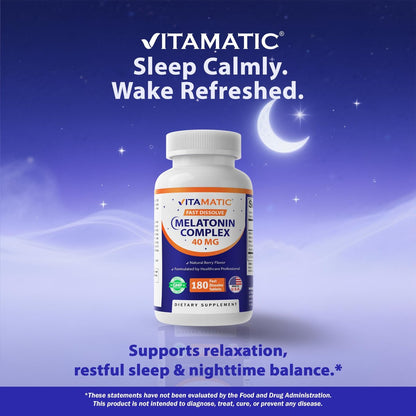 Vitamatic Fast Dissolve Melatonin Complex 40 mg – Natürlicher Beerengeschmack – 180 Tabletten | Mit Rote-Bete-Wurzel, Kamille & Ashwagandha-Extrakt | Nicht-GVO, Hergestellt in den USA