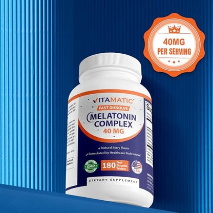 Vitamatic Fast Dissolve Melatonin Complex 40 mg – Natürlicher Beerengeschmack – 180 Tabletten | Mit Rote-Bete-Wurzel, Kamille & Ashwagandha-Extrakt | Nicht-GVO, Hergestellt in den USA