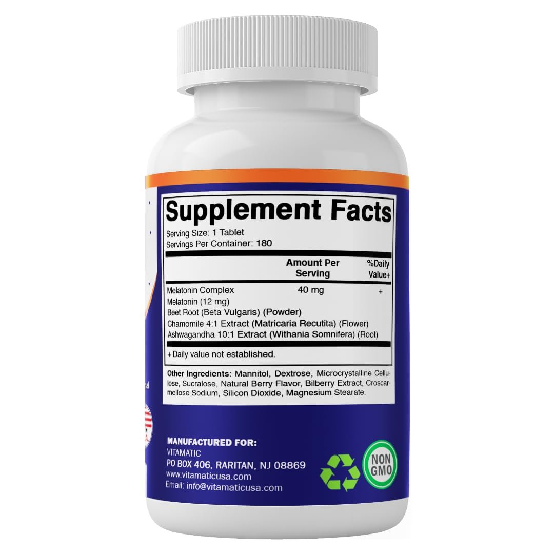 Vitamatic Fast Dissolve Melatonin Complex 40 mg – Natürlicher Beerengeschmack – 180 Tabletten | Mit Rote-Bete-Wurzel, Kamille & Ashwagandha-Extrakt | Nicht-GVO, Hergestellt in den USA