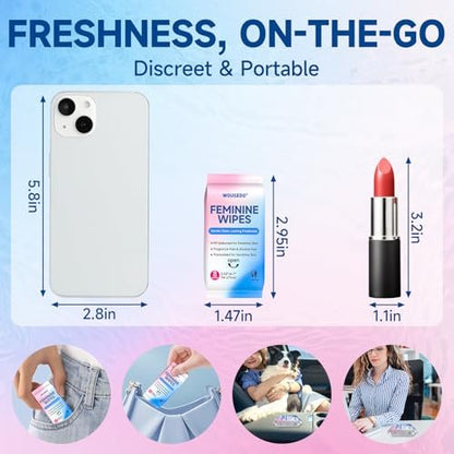 Feminine Wipes für Frauen, extrem kompakte Reise-Mini-Packs, pH-ausgeglichen, unparfümiert, hypoallergen, alkoholfrei, periodenfreundlich für Teenager & Frauen – 8er-Pack insgesamt 64 Tücher