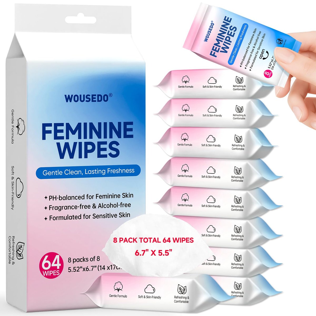 Feminine Wipes für Frauen, extrem kompakte Reise-Mini-Packs, pH-ausgeglichen, unparfümiert, hypoallergen, alkoholfrei, periodenfreundlich für Teenager & Frauen – 8er-Pack insgesamt 64 Tücher