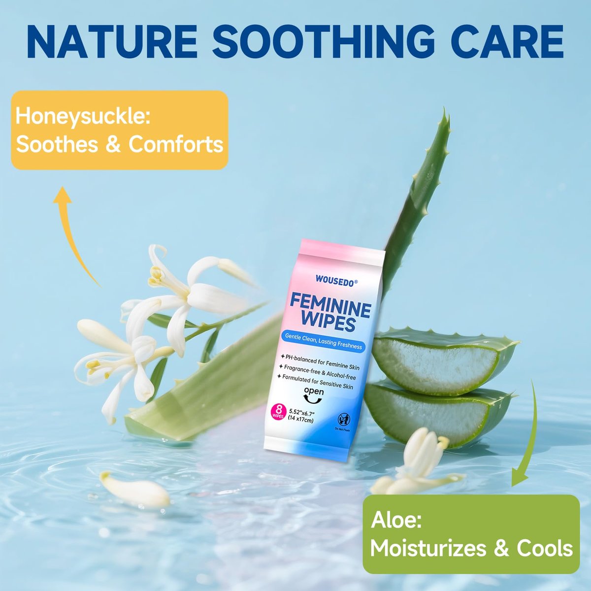 Feminine Wipes für Frauen, extrem kompakte Reise-Mini-Packs, pH-ausgeglichen, unparfümiert, hypoallergen, alkoholfrei, periodenfreundlich für Teenager & Frauen – 8er-Pack insgesamt 64 Tücher