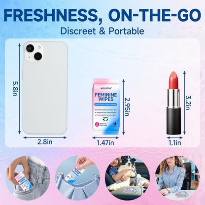 Feminine Wipes für Frauen, extrem kompakte Reise-Mini-Packs, pH-ausgeglichen, unparfümiert, hypoallergen, alkoholfrei, periodenfreundlich für Teenager & Frauen – 8er-Pack insgesamt 64 Tücher