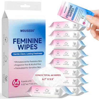 Feminine Wipes für Frauen, extrem kompakte Reise-Mini-Packs, pH-ausgeglichen, unparfümiert, hypoallergen, alkoholfrei, periodenfreundlich für Teenager & Frauen – 8er-Pack insgesamt 64 Tücher