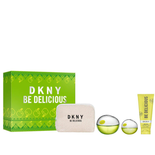 DKNY Be Delicious Damen Geschenkset – 4-teilig: EDP 3,4 oz, EDP 0,5 oz, Körperlotion 3,4 oz + Tasche